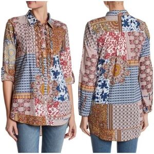 Aratta Silent Journey Tunic Top Womens XL Long Sleeve Button Up Patchwork Boho